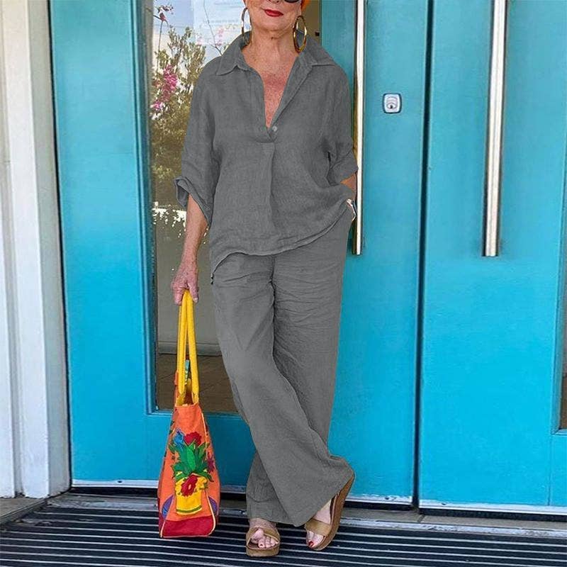 HIDDENBRAND - Wholesale Top & Pant Set (NOT Loungewear) - Women's - 3/4 sleeve shirt top wide-leg pants set1