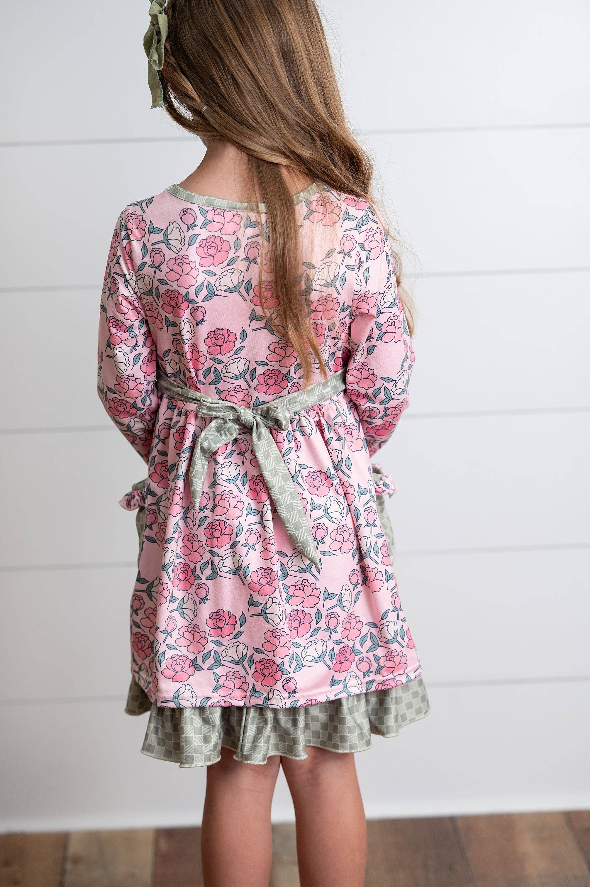 Adorable Sweetness - Wholesale Dress - Kids - Girls Rose Floral & Sage Check Ruffle Pocket Tie Dress4