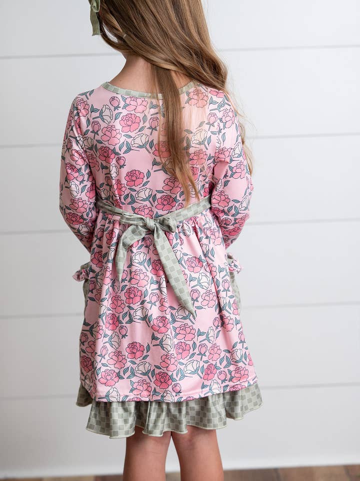 Adorable Sweetness - Wholesale Dress - Kids - Girls Rose Floral & Sage Check Ruffle Pocket Tie Dress4