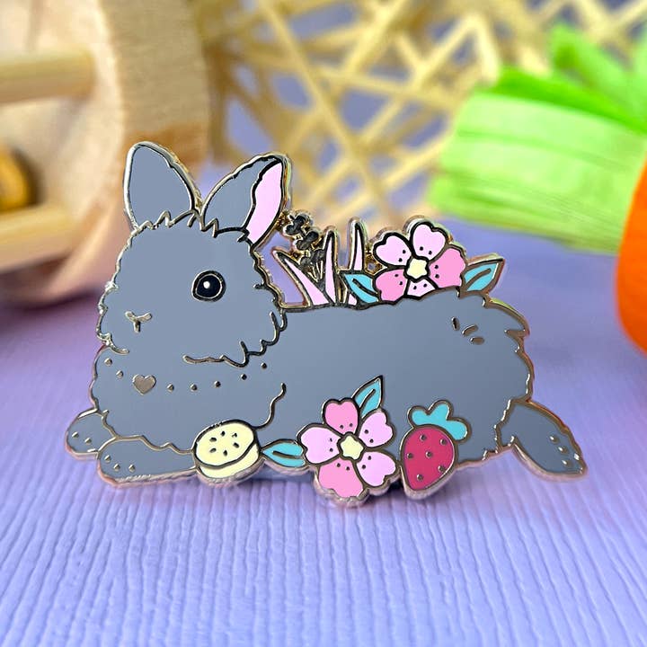 Grey Lionhead Bunny Enamel Pin for wholesale by The Crowned Rabbit