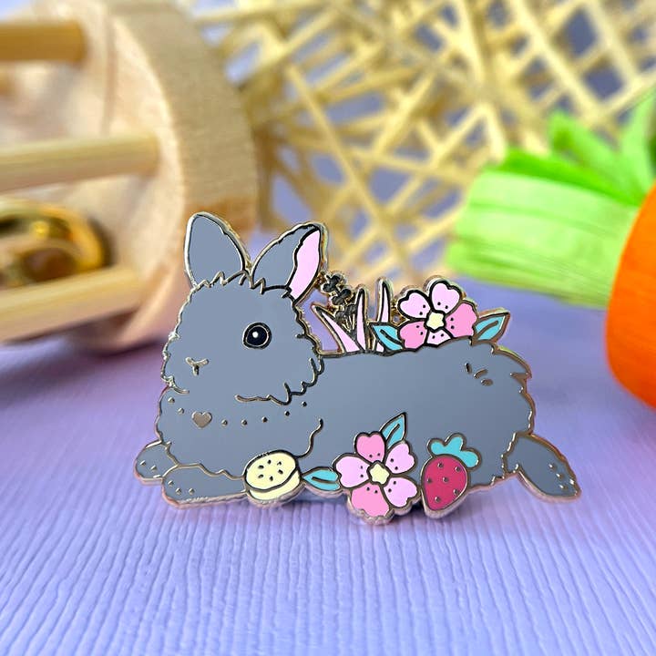 Grey Lionhead Bunny Enamel Pin for wholesale by The Crowned Rabbit