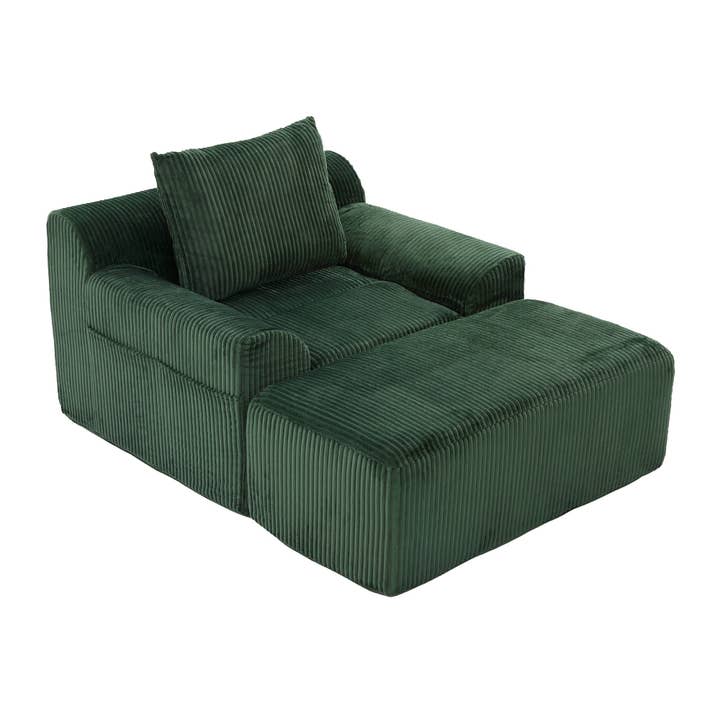 Enkel sofa XXL lænestol i grøn fløjl, dyb ryg, fodstøtte, pude & sidelommer, uden montering MILKWEEDFLOSS for engroshandel hos Urban Meuble
