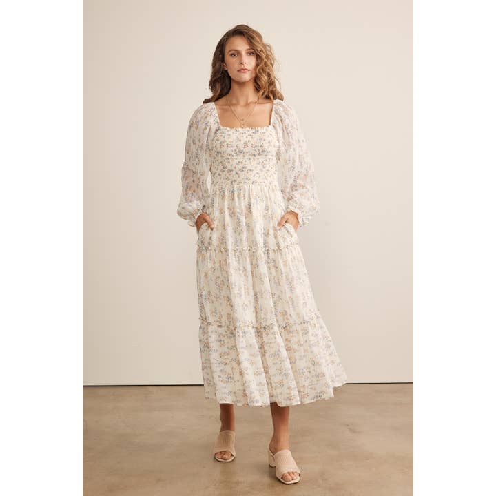 CREAM MULTI FLORAL PRINT SMOKED TIERED MIDI DRESS for wholesale on Faire