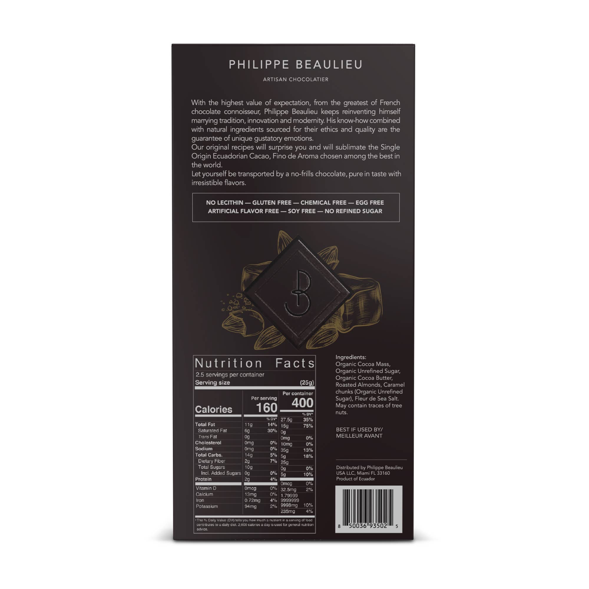 Philippe Beaulieu Artisan Chocolatier - Wholesale Chocolate Bar - Chocolate Bar - 70% Dark Roasted Almonds & Caramel, and Salt2