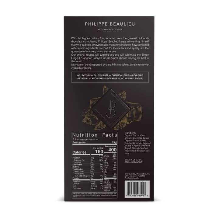 Philippe Beaulieu Artisan Chocolatier - Wholesale Chocolate Bar - Chocolate Bar - 70% Dark Roasted Almonds & Caramel, and Salt2