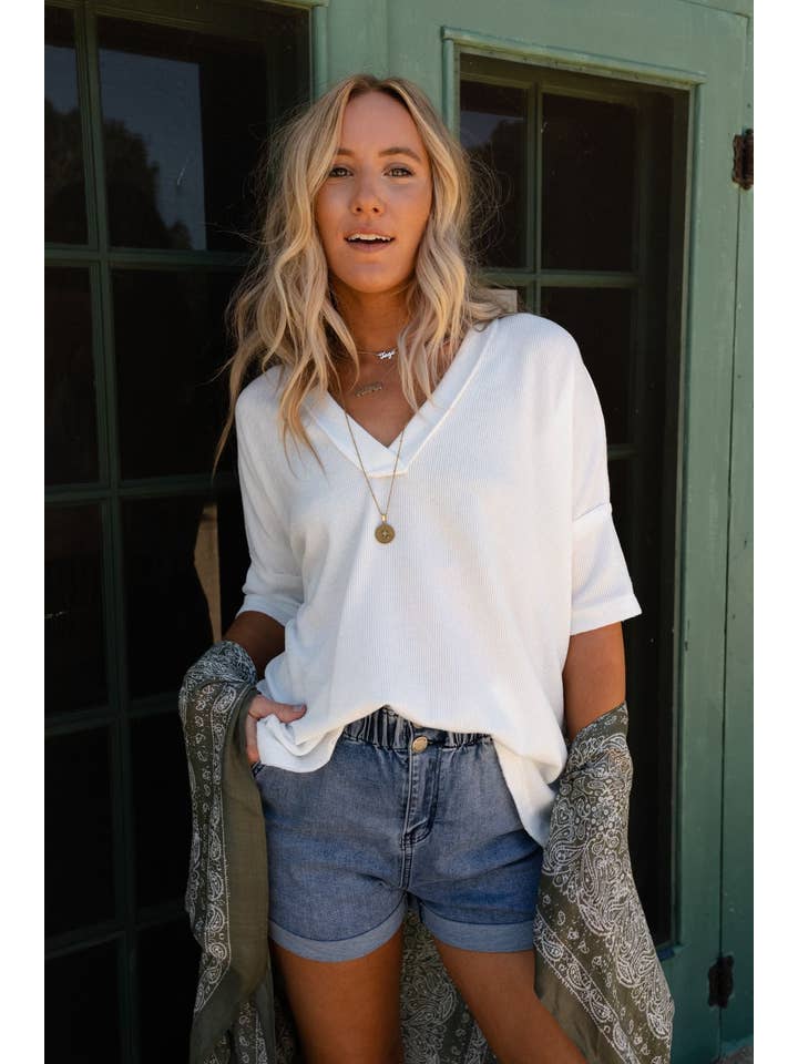 Three Bird Nest - Wholesale Knit Top - Women's - On The Go V Neck Ribbed Essential Tee - Off White4