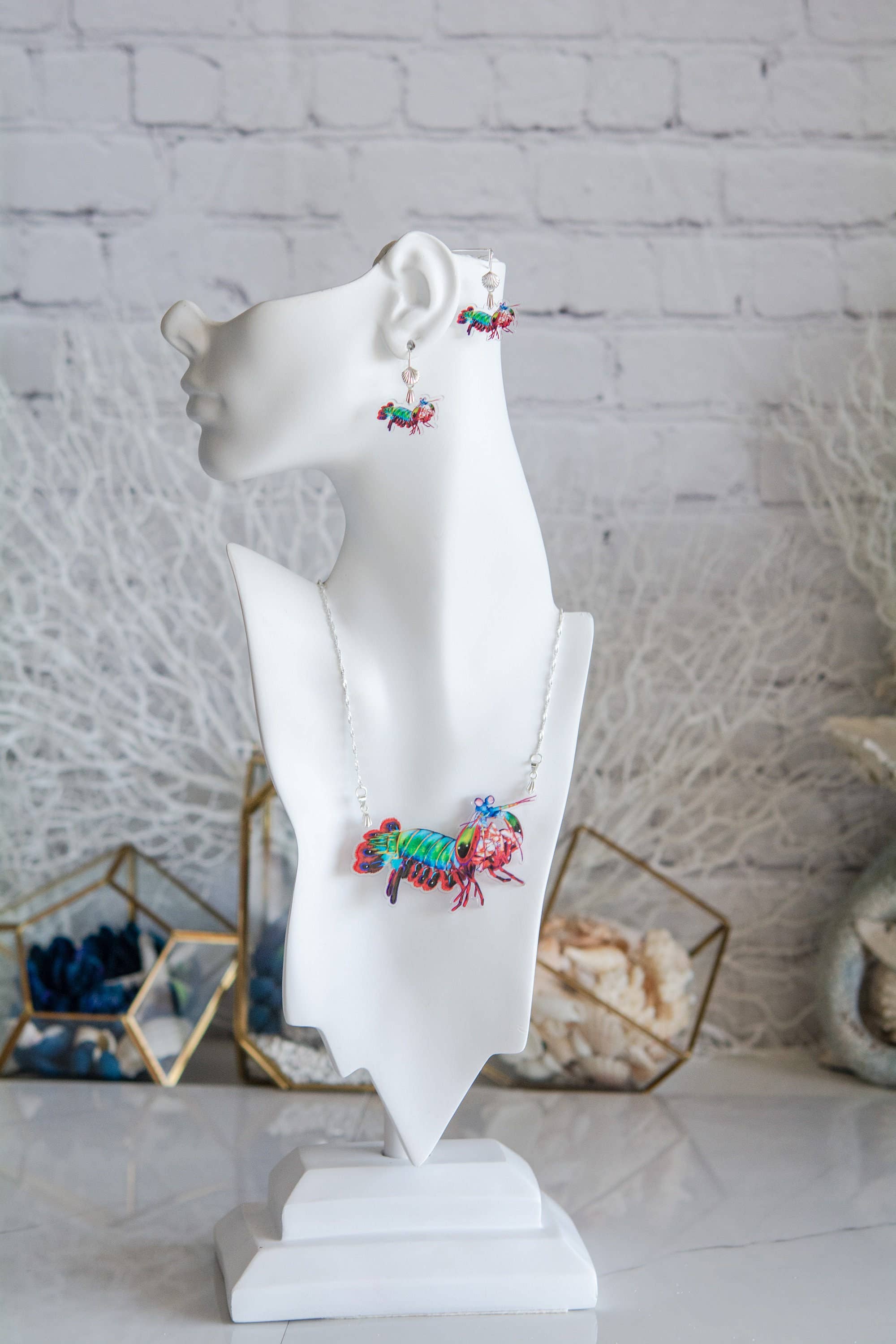 The Slug And Kraken - Wholesale Dangle Earrings - RECYCLED- Peacock mantis shrimp Statement Earrings, Necklace1