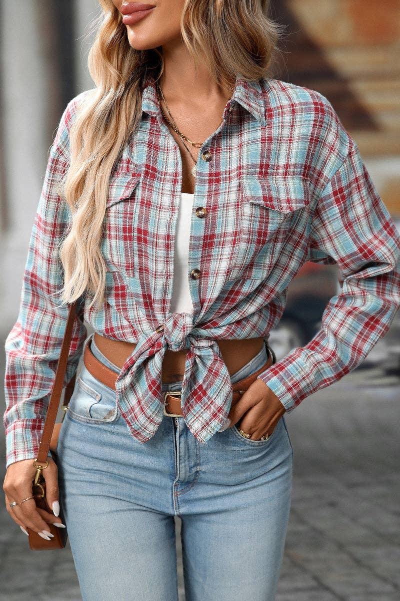 Lovesoft – wholesale Buttoned-down shirt – Women's – Plaid Button Down Shirt with Chest Pockets and Tie Hem4