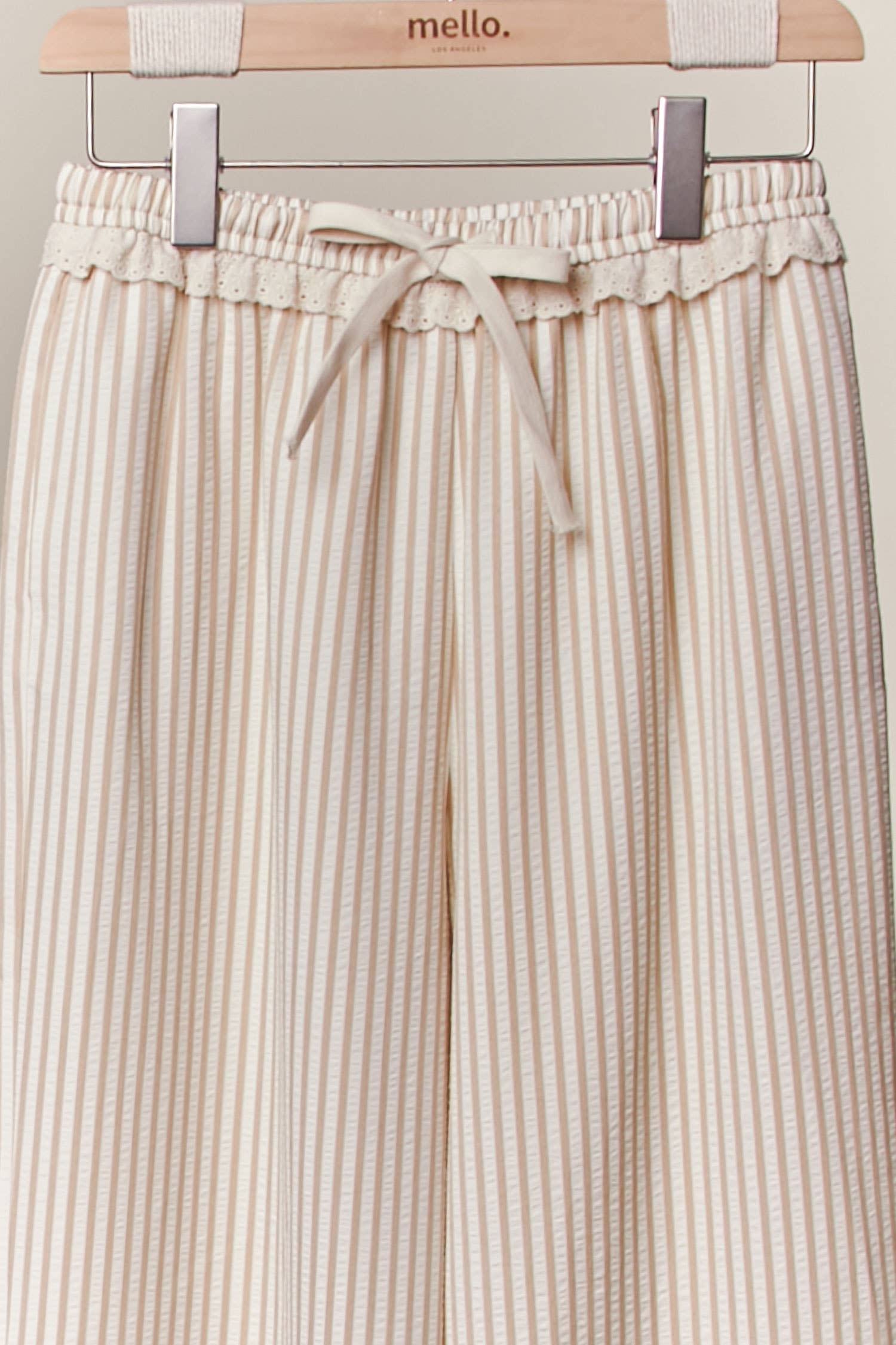 Beige Striped Wide-Leg Pants with Lace Hem for wholesale on Faire2