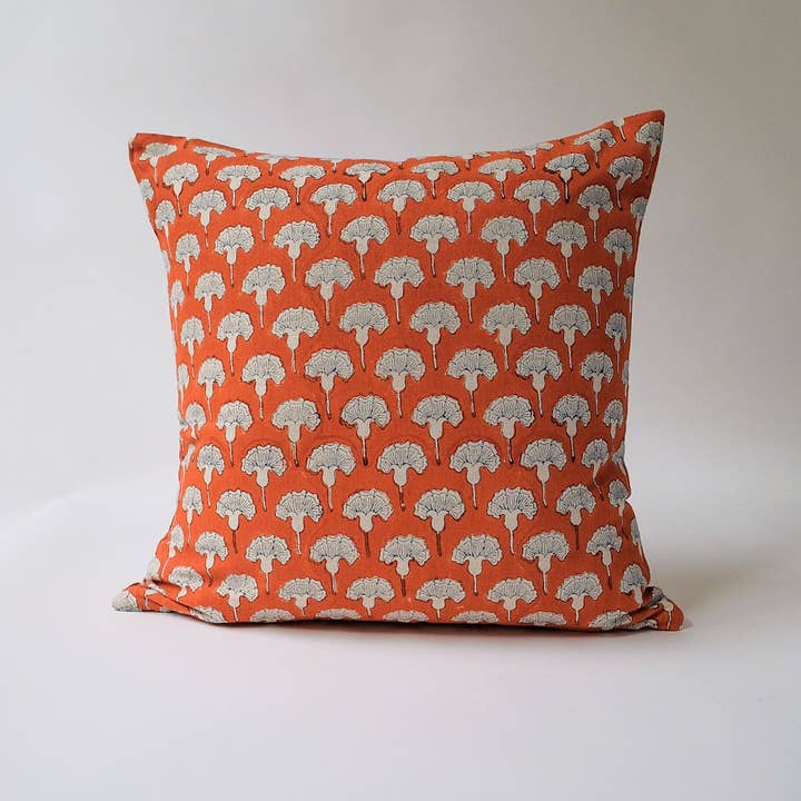 Soil to Studio - Wholesale Throw Pillow Cover - Seema - Hand Block-printed Linen Pillowcase (Poppy Orange)