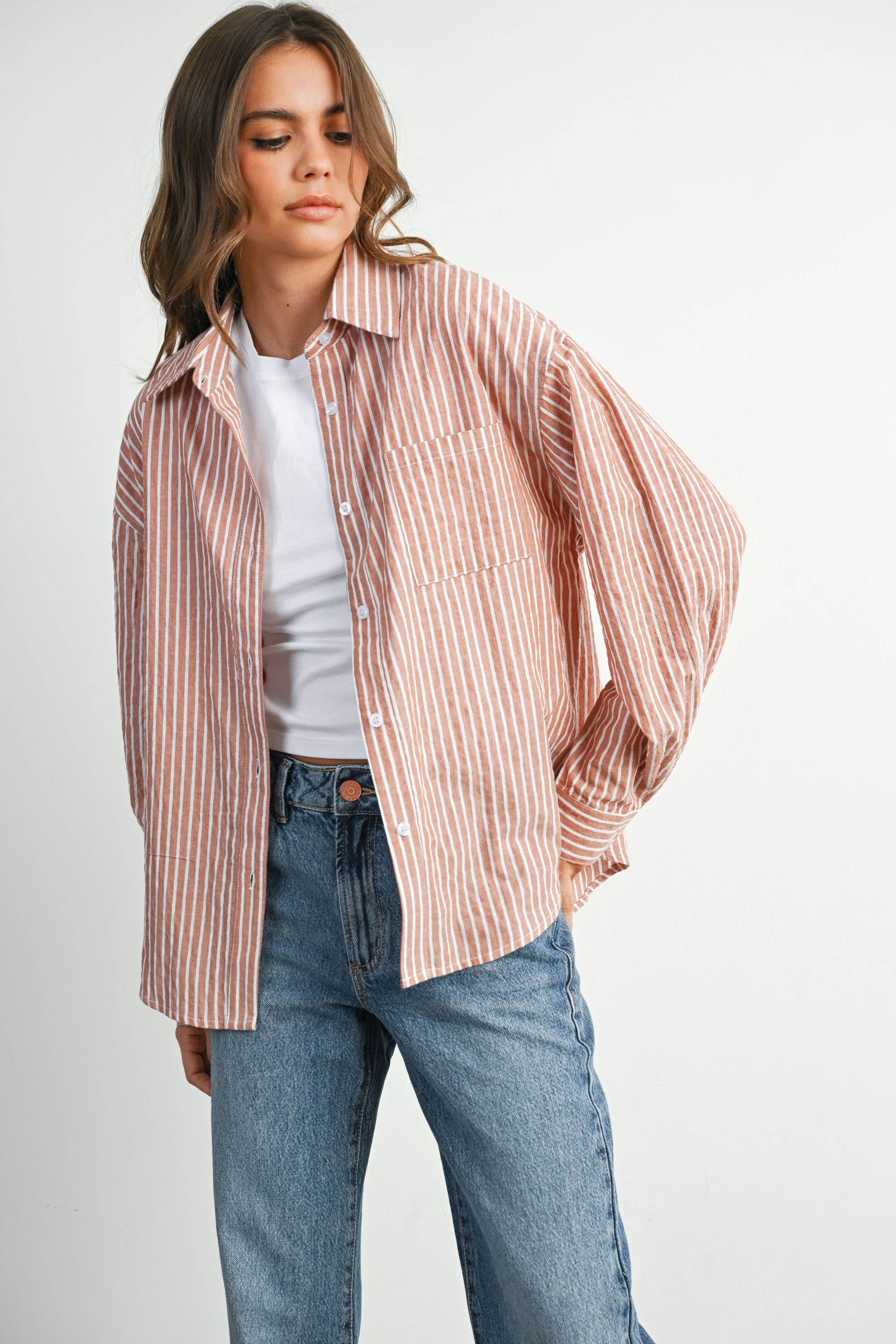 BUTTERMELON - Vente Chemise à col boutonné – femme - Haut à manches longues à rayures et col boutonné raccourci - BMT79154