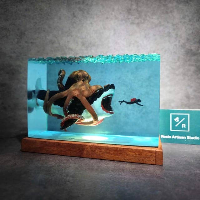 Merchemy - Vendita all'ingrosso Luci notturne - Luce Notturna in Resina Squalo Bianco Gigante Polpo Decorazione Casa Epoxy2