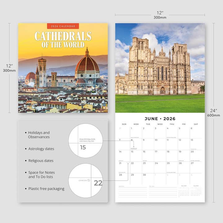 MiddleGift – wholesale Calendar – Red Robin 2026 Cathedrals of the World Wall Calendar2