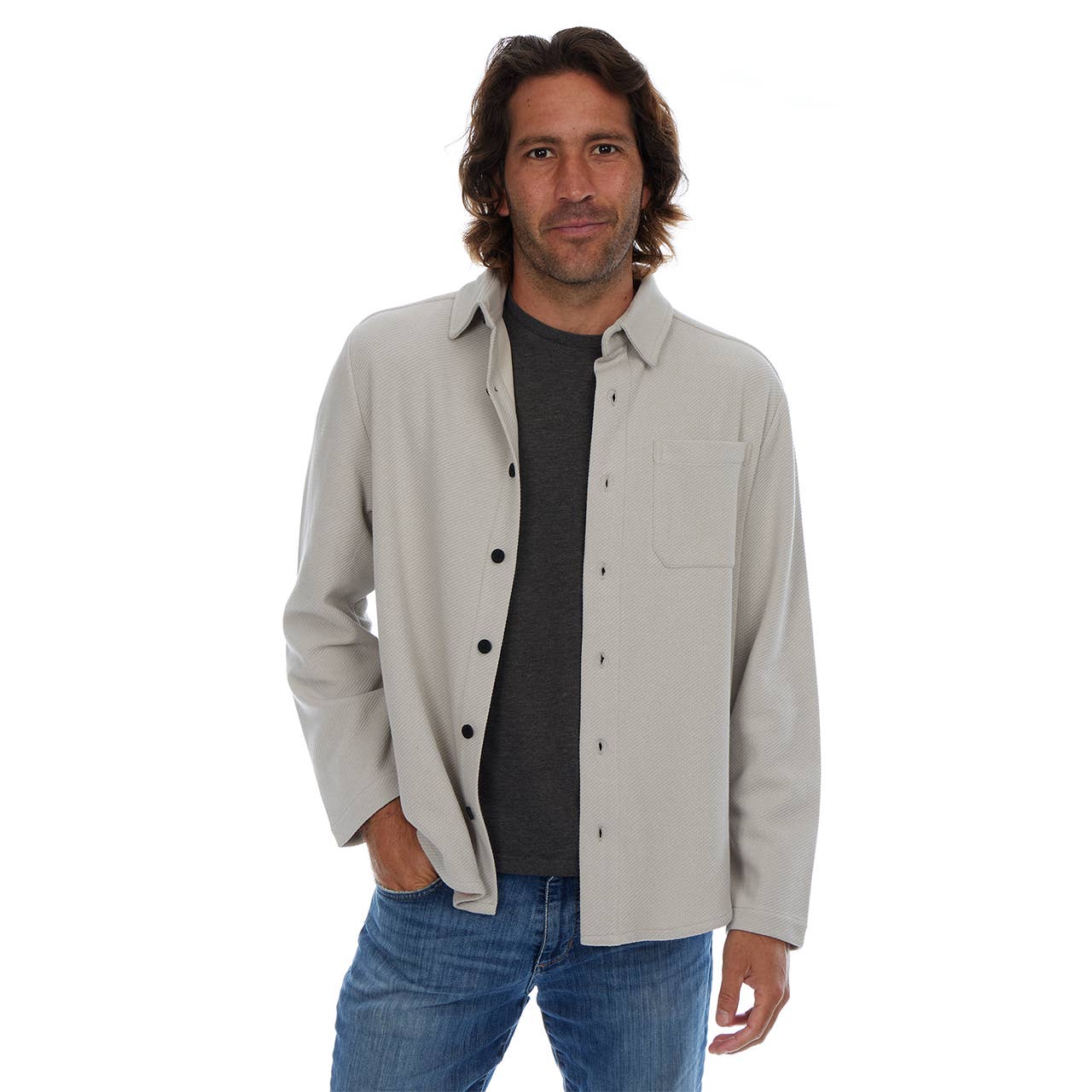 PX - Wholesale Shirt Jacket/Shacket - Men's - Cream Subtle Diagonal Textured Solid Shacket Shirt Jacket