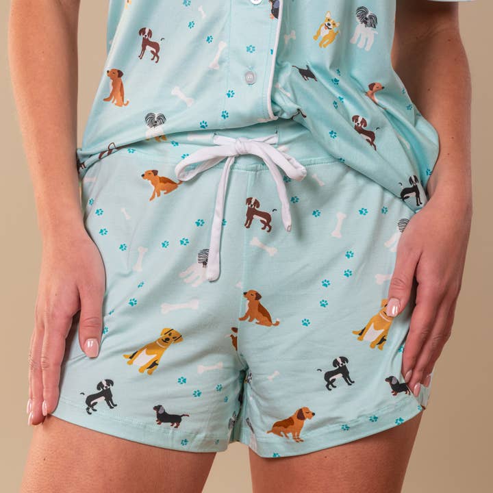 Bark At The Park Pajama Shorts | Blue Puppy Dog PJ Bottoms for wholesale by Amanda Blu