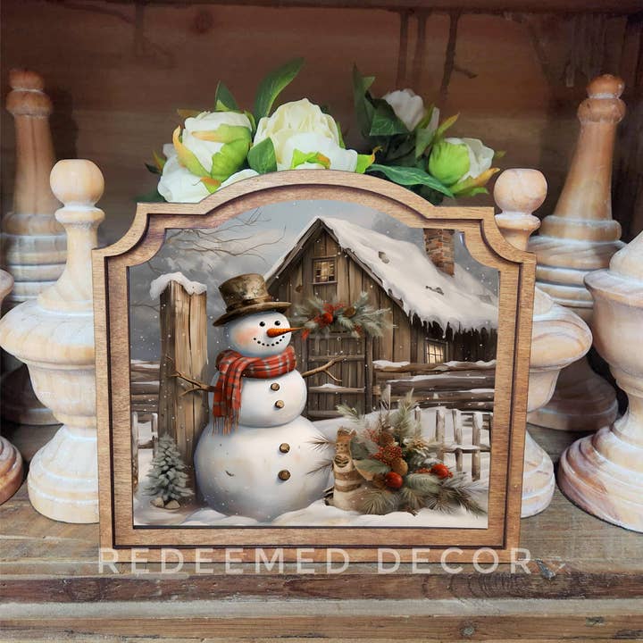 Redeemed Decor - Wholesale Decorative Tabletop Object - Provincial Rustic Snowman Framed Art