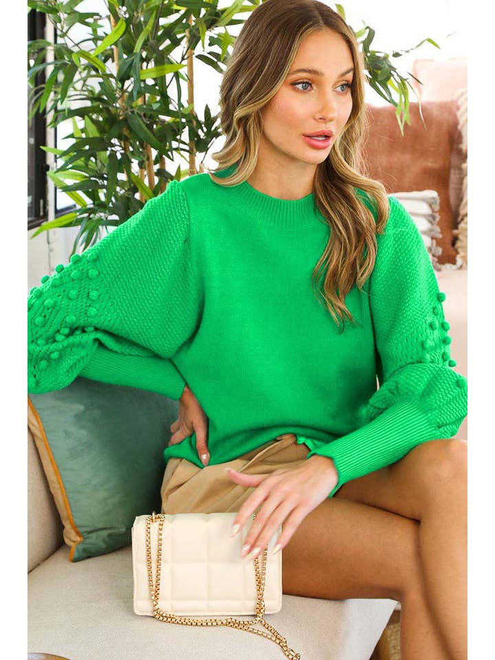 Vine & Love - Wholesale Knit Sweater - Women's - Round Neck Pom Pom Balloon Long-Sleeve Knit Sweater VT70344