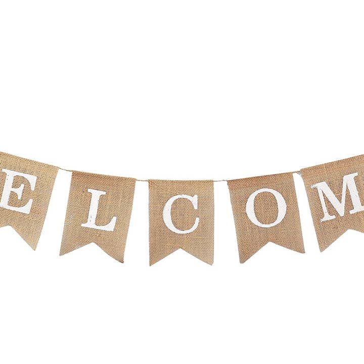 Bannière Welcome Baby en toile de jute pour décorations de fête prénatale neutres pour la vente par Mandala Crafts