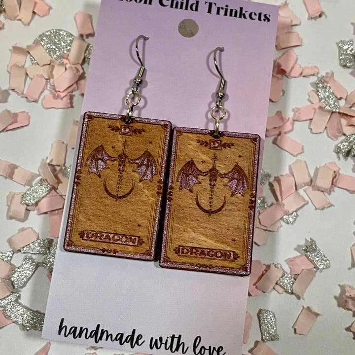 Moon Child Trinkets - Wholesale Dangle Earrings - Dragon Tarot Card Fantasy Hand Painted Wood Dangle Earrings