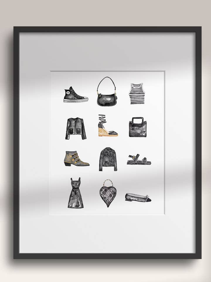 Monochrome Fashion Items Art Print for wholesale by My Ohh My Studio