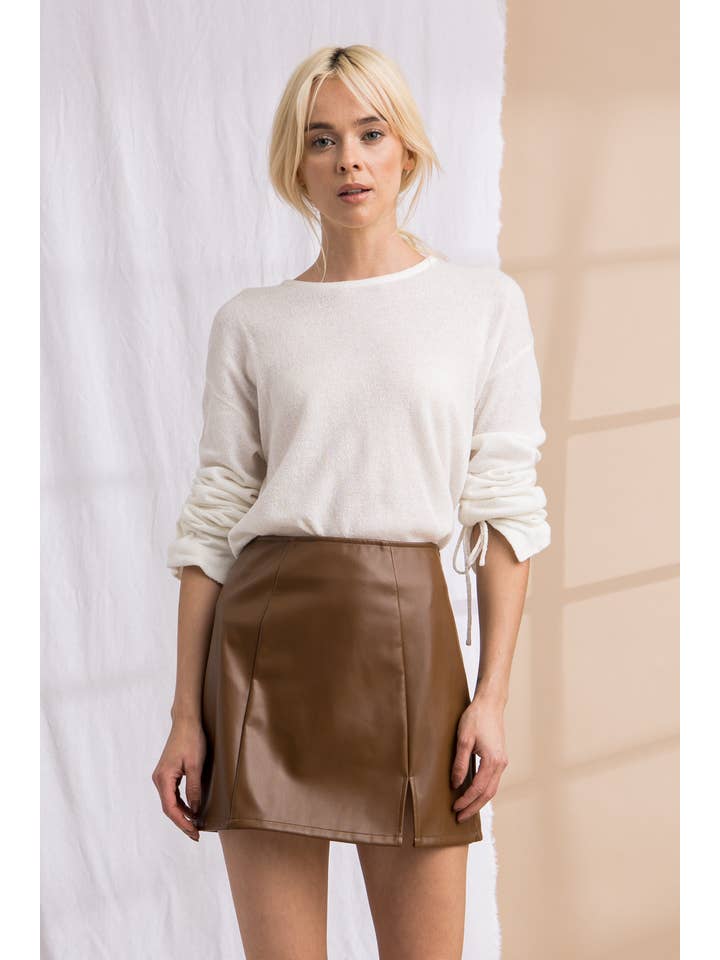 LENA - Wholesale Skirt - Women's - Leather Side Slit a Line Mini Skirts3