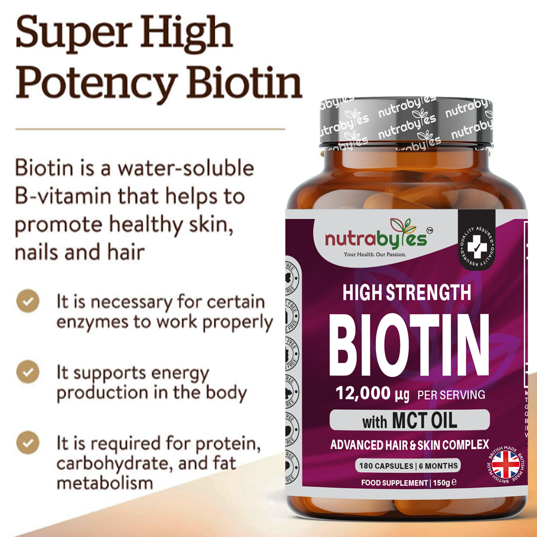 NUTRABYTES - Wholesale Oral Supplement/Vitamin - High Strength Biotin 12000mcg with MCT Oil (Coconut) | 180 Capsules (6 months) | Hair & Skin | Made in the UK1