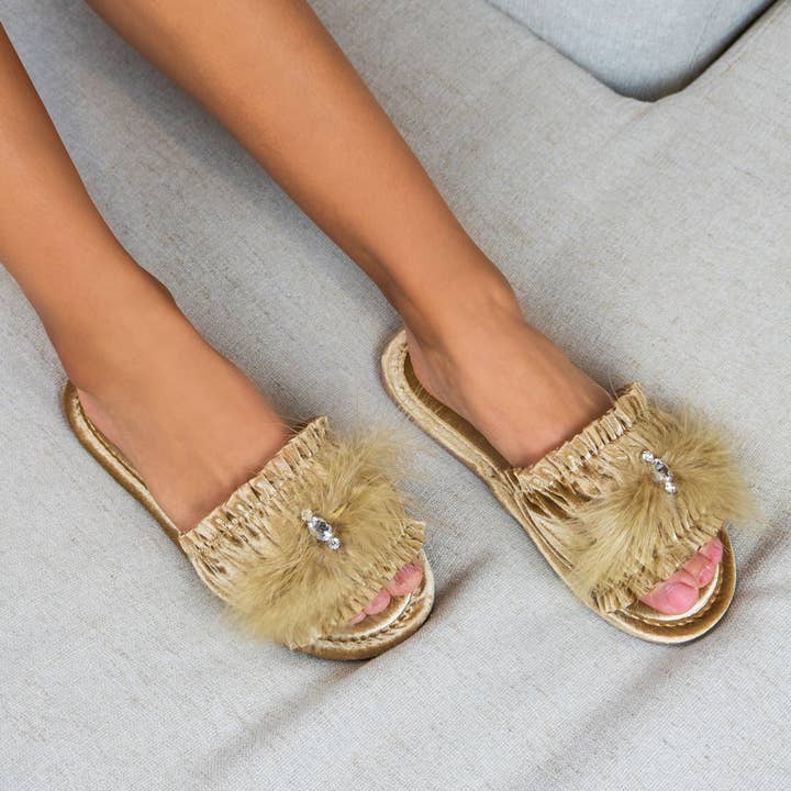 Princess Slide - Velvet, Feather & Jewel - Gold for wholesale by Branché