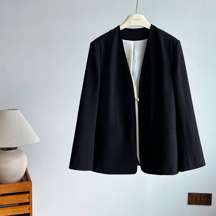 BLACK Chic Chinese Jacquard Lapel Blazer with Faux Two-Piece Design for wholesale on Faire