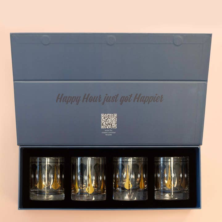 Cocktail Hour Set of 4 Black Gold Vintage Whiskey Glasses for wholesale by Mod Lounge Paper Company