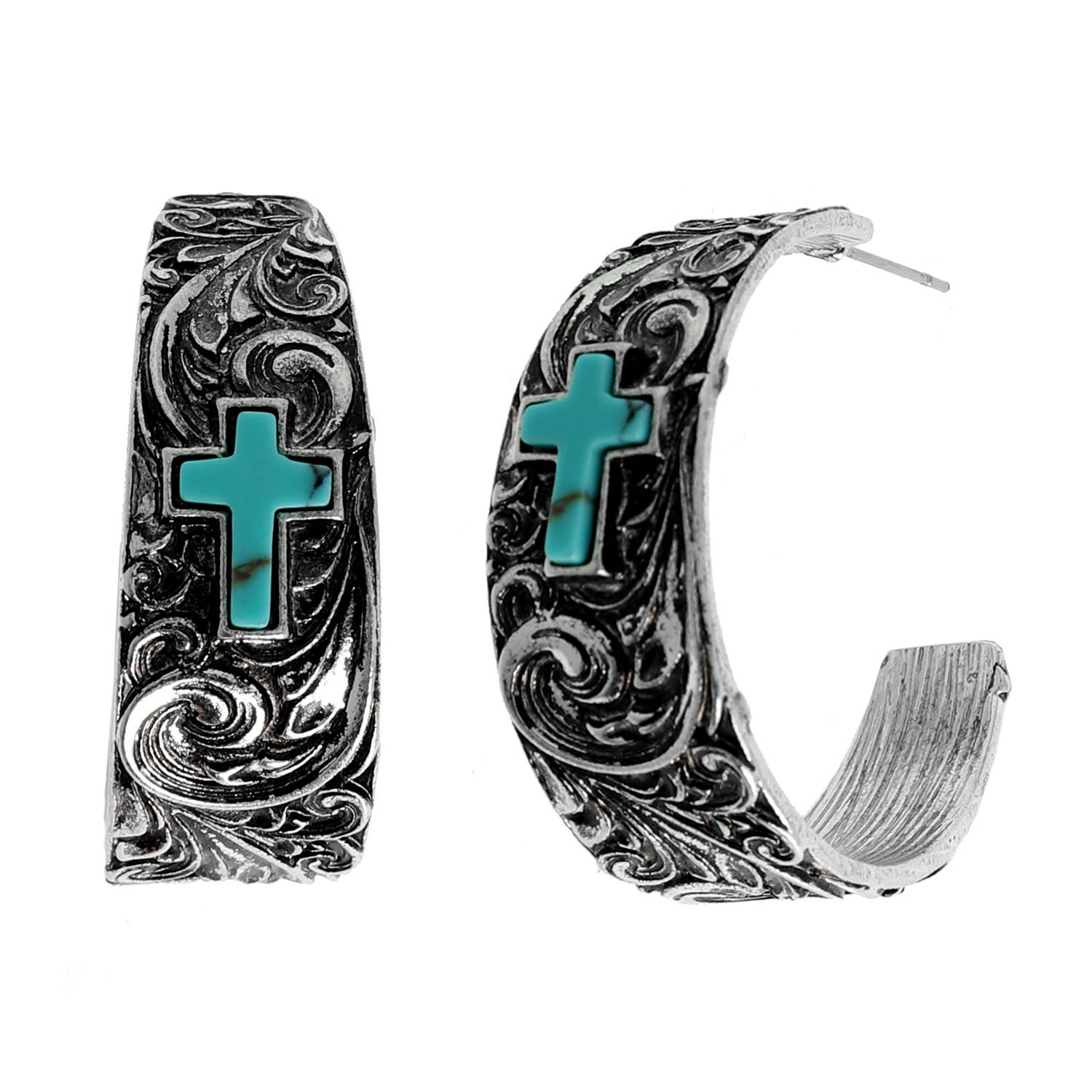 SP Sophia Collection - Wholesale Hoop Earrings - Western Turquoise Cross Filigree Hoop Earrings 2