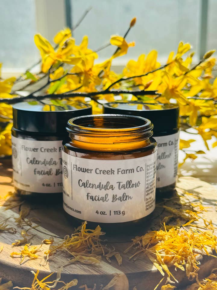 Calendula Tallow Facial Balm | Herbal infused for a radiant complexion for wholesale by Flower Creek Farm Co.