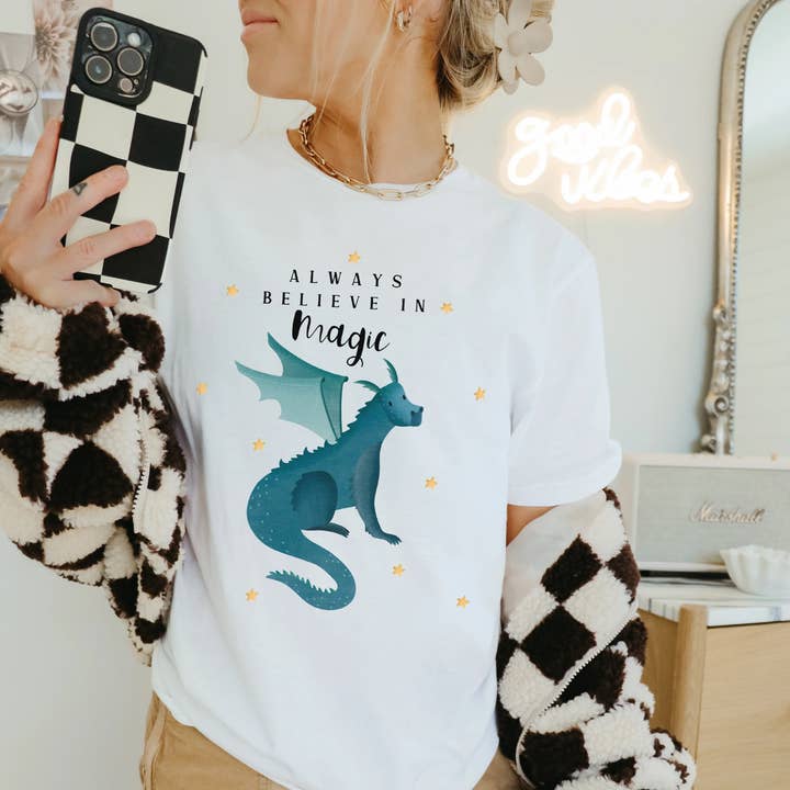 Tilda&Theo - Wholesale Screen Printed T-Shirt - Women's - Dragon Magic Fantasy T-shirt - Booklover Magic Organic Cotton