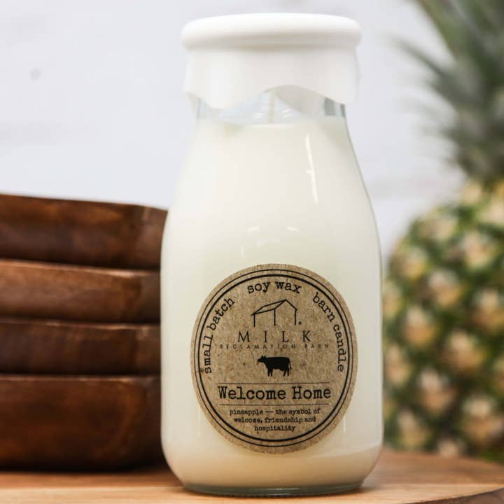 Milk Bottle Candle Welcome Home for wholesale by Milk Reclamation Barn