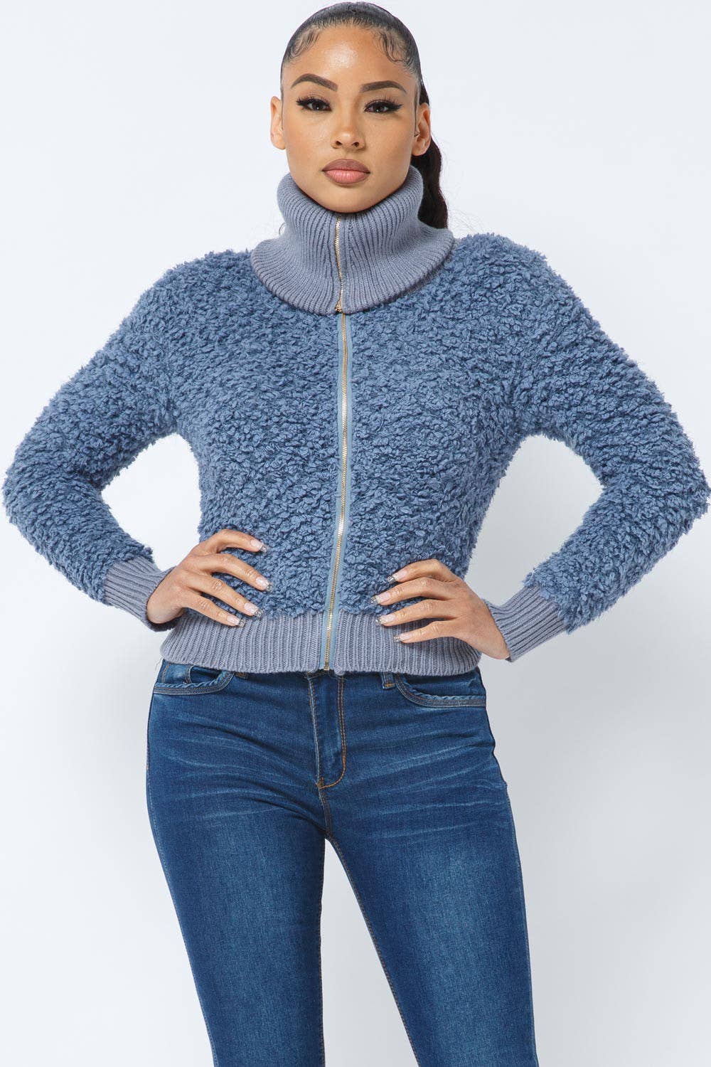 Dusty Blue Long Sleeve Shaggy Jacket With Front Zipper for wholesale on Faire1