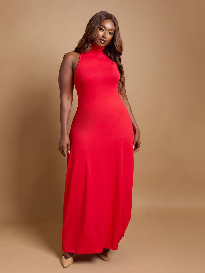 Kimmy Turtleneck Bodycon Maxi Dress - Red for wholesale by REBDOLLS