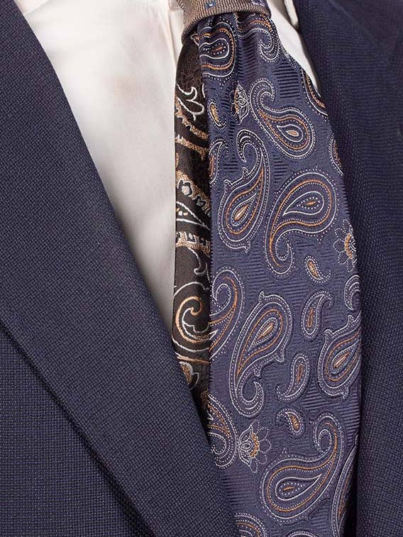 Blaue Krawatte Paisley Weiß Braun Kontrastknoten Taube N1544 für den Großhandel von Graffeo Cravatte
