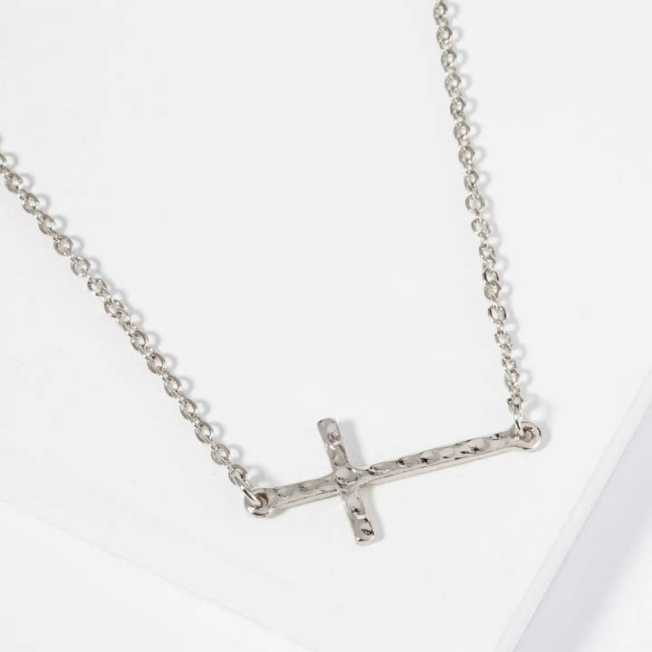 Wild Honey - Wholesale Pendant/Charm Necklace - Hammered Metal 1 Inch Sideways Cross Pendant Necklace