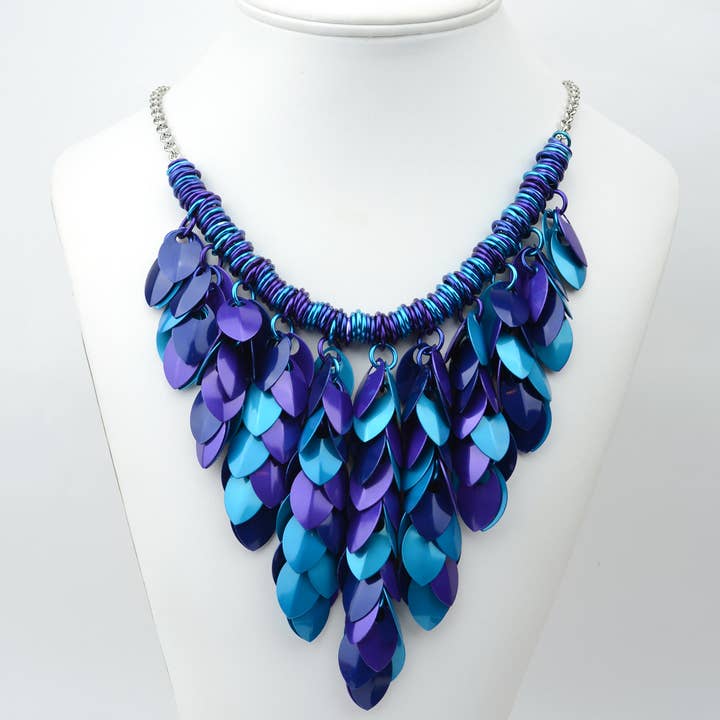 Cascading Leaves Feathered Bib Necklace - Water Mix for wholesale by Rebeca Mojica Jewelry