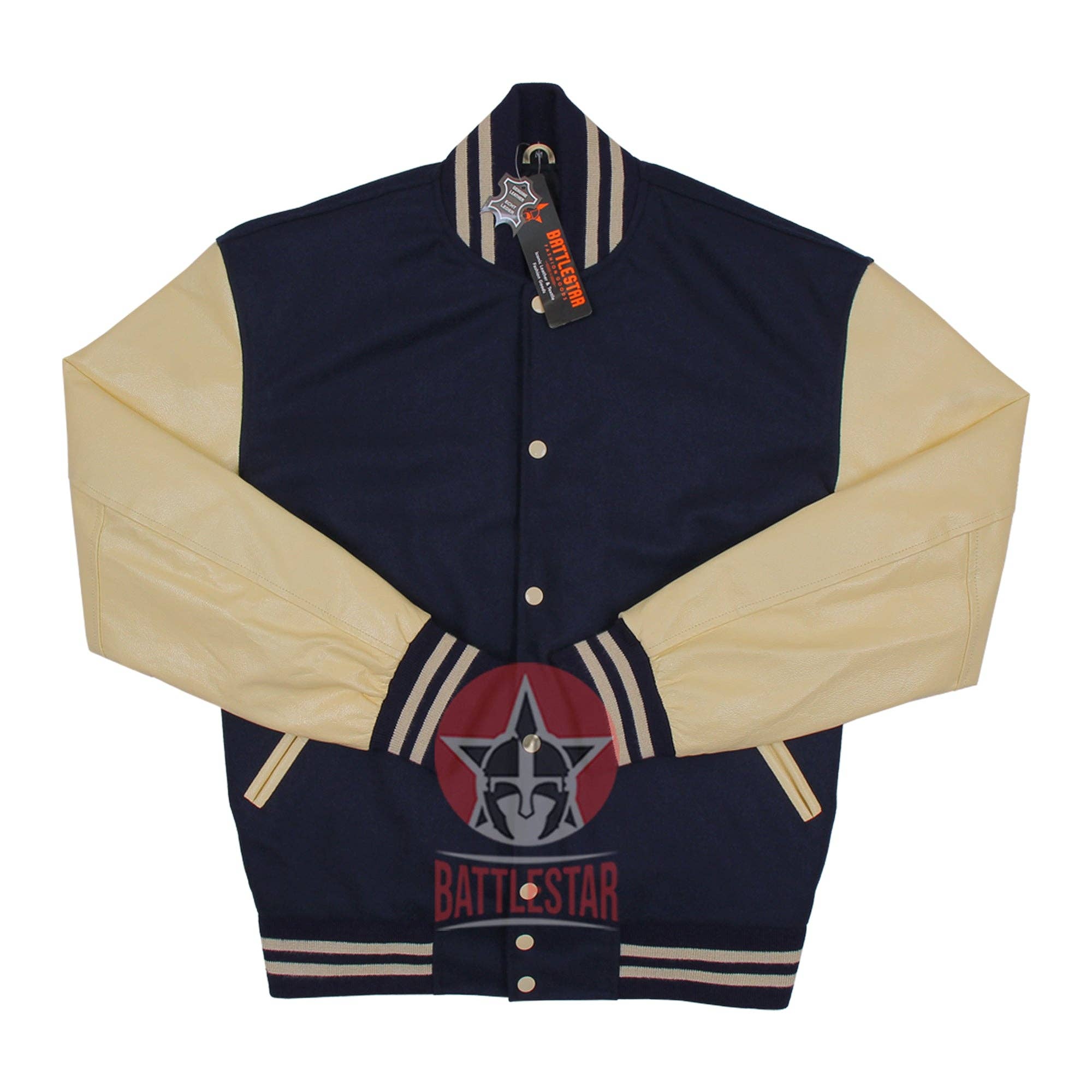 Eastworth Industries - Vendita all'ingrosso Giacca da baseball - Uomo - Giacca Varsity con maniche in pelle color crema di lana blu navy0