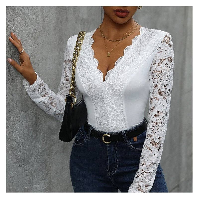 FurDecoration - Vente Combinaison – femme - Combinaison à manches longues et dos ouvert en dentelle à col en V4