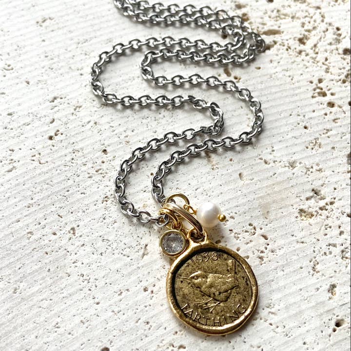 VB&CO Designs Handmade Jewelry - Wholesale Pendant/Charm Necklace - Farthing coin necklace England English royal jewelry bird