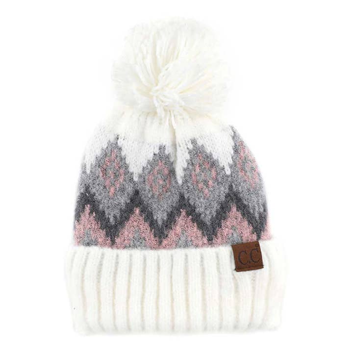 Hana - Wholesale Beanie – Women's - C.C Soft Aztec Pattern Beanie With Knit Pom1