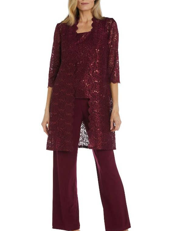 R&M Richards Set aus Tanktop und Hose aus metallischer Spitze mit transparenter Spitzenjacke für den Großhandel von Immediate Apparel