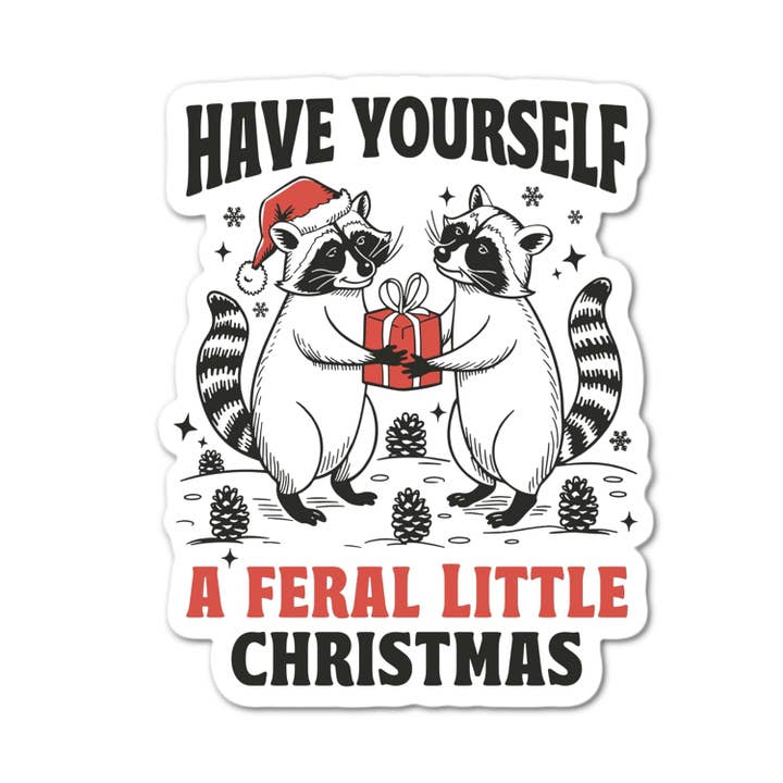 Have yourself a Feral Little Christmas sticker raccoon for wholesale by Lyrical River Designs