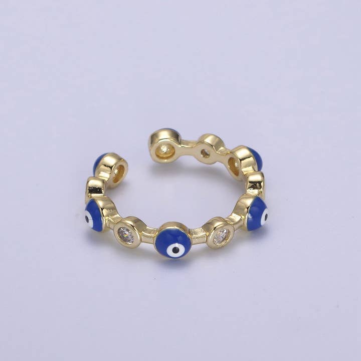 Aim Eternal - Wholesale Multi-Stone Ring - White, Teal, Blue, Black Round Evil Eye Enamel Clear CZ Stackable Ring | U073 - U076