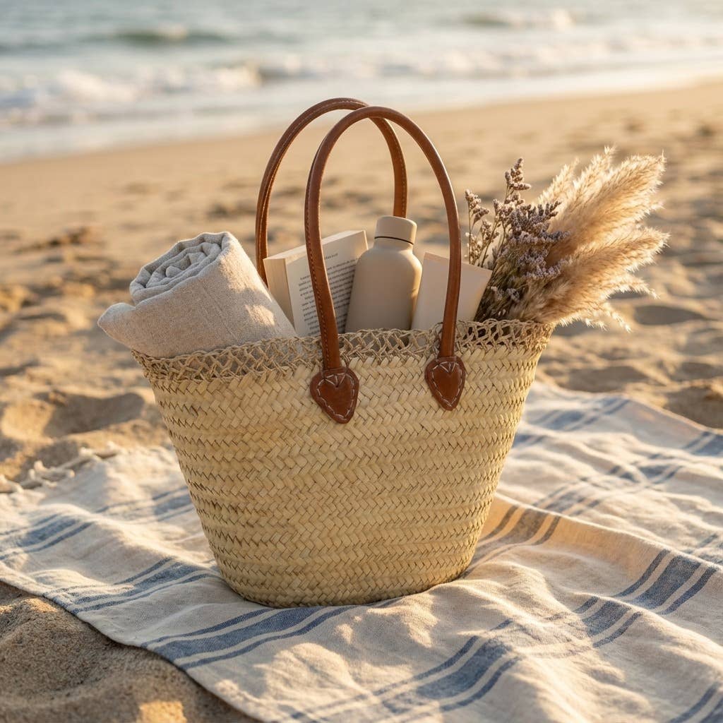 Melecraft - Vente Tote bag – femme - Panier de marché français en paille avec poignées en cuir3