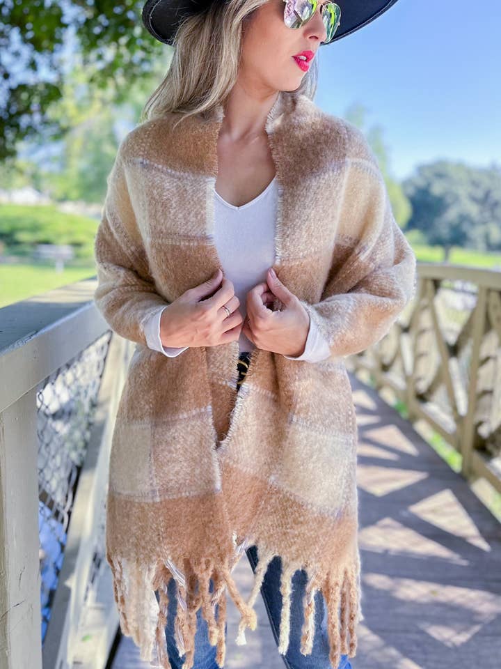 Tan Plaid Printed Cozy Warm Knit Oblong Scarf With Tassel for wholesale by AMOLI