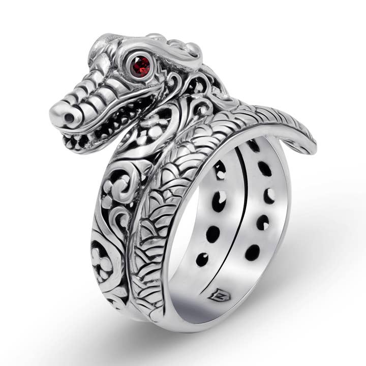Artisan Balinese Sterling Silver Dragon Ring with Garnet for wholesale by Damai Designs