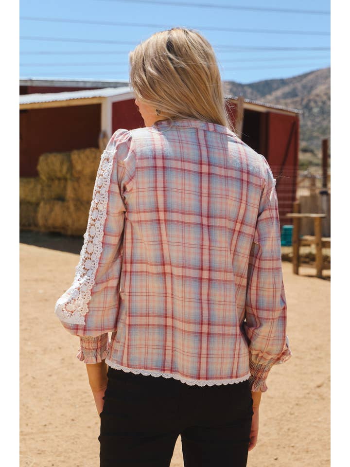 Oddi - Wholesale Blouse - Women's - Lace& Plaid Combo Long Sleeve Blouse9