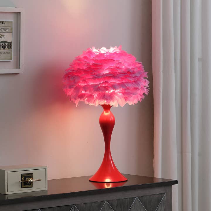 HomeRoots - Wholesale Accent/Desk Lamp - 24" Glam Hot Pink Feather and Red Table Lamp2